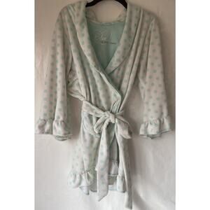 Betsey Johnson Blue White Plush Short Robe Dots Belted Sz L